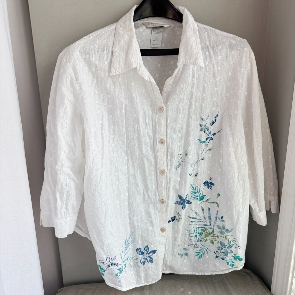 Napa Valley Woman Women's 2X White Cotton Embroidered Button Up Blouse Floral
